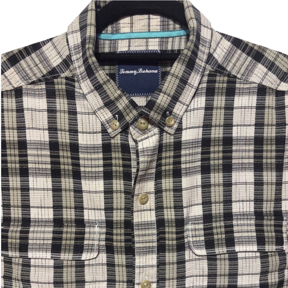 Vintage Tommy Bahama Shirt Mens Large Black White Plaid 100% Silk Short Sleeve